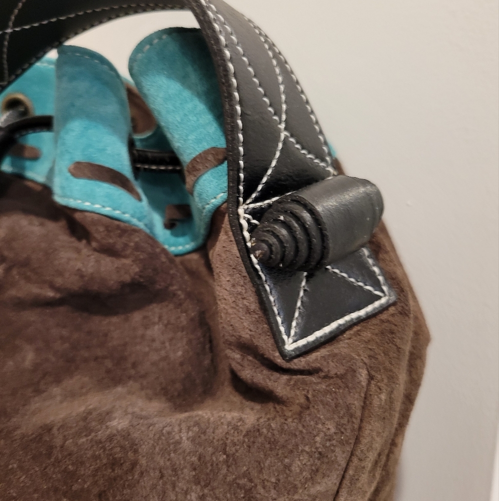 Leather bucket shoulder bag fringe vintage but never used teal & brown purse - Picture 8 of 12